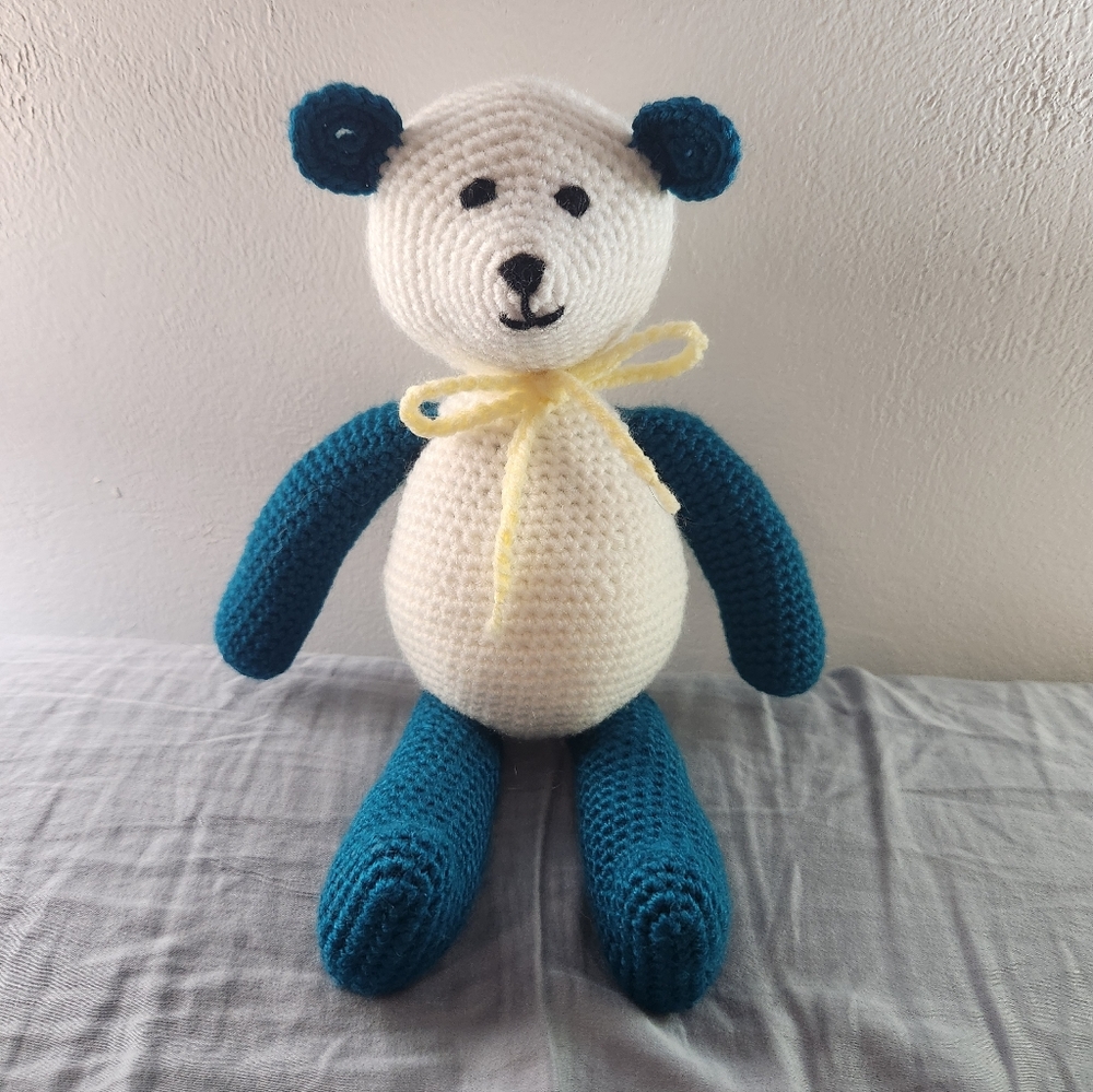 Handmade Crochet Teddy Bear White And Dark Teal With Yellow Bow